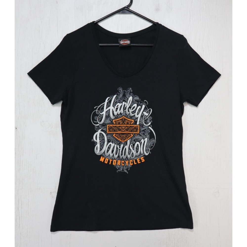 Harley-Davidson Womans T-Shirt Size M Black Lathrop CA Scoop Neck Short Sleeve
